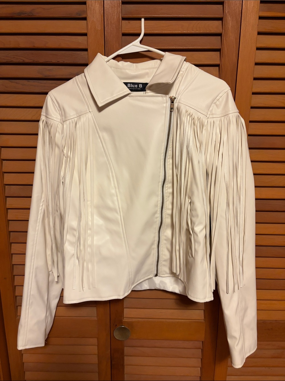 Blue B White Fringe Faux Leather Moto Jacket